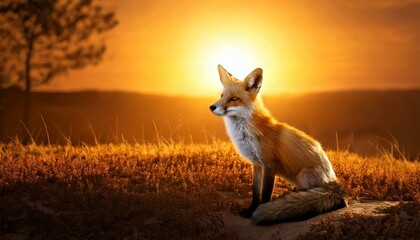 Fototapeta premium The morning with adorable fox; including sun and mountain.