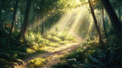 Fototapeta premium A winding trail through a sunlit forest, with a silhouette of a lone traveler, evoking themes of introspection and transformation