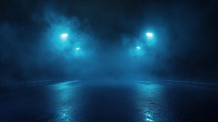 Fototapeta premium Mysterious Foggy Night with Blue Lights in Urban Environment