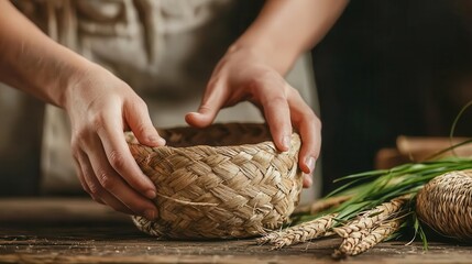 Hands weaving natural grass into ecofriendly baskets, sustainable craftsmanship