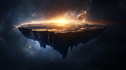 Earth floating in the vastness of space, illuminated by cosmic light, symbolizing the infinite possibilities and the mysterious nature of the universe