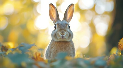 Adorable rabbit in autumnal forest.
