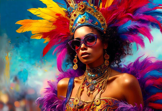 Vibrant Carnival Costume Portrait with Colorful Feathers and Int