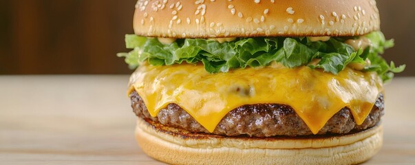 Juicy cheeseburger with lettuce, cheese, and sesame seed bun on a wooden table.