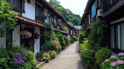 Fototapeta premium Charming Japanese Street Flower Lined Alleyway Traditional Houses Asian Architecture S