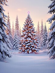 Fototapeta premium Christmas tree in a snowy forest setting with a peaceful winter vibe, traditional, serene, winter landscape