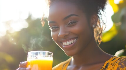 A woman smiling while holding a glass of orange juice outdoors, bright vibrant lighting