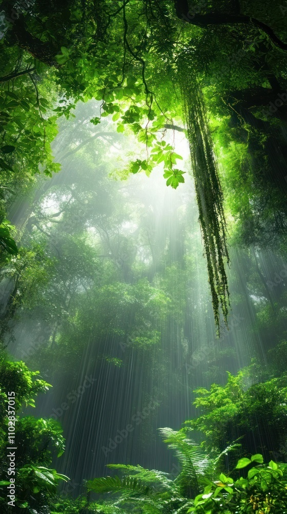 Poster lush green forest with sunlight filtering through trees, creating a serene atmosphere.