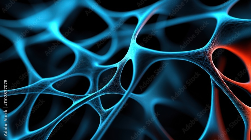 Poster Abstract 3D Render of Digital Neural Network with Vibrant Blue and Red Veins on Black Background, Representing Complex Interconnectivity and Data Flow