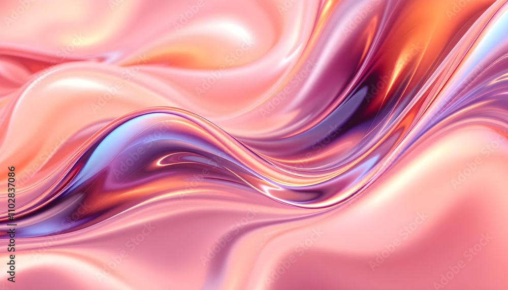 Poster abstract liquid glass holographic iridescent neon curved wave in motion dark background 3d render. a