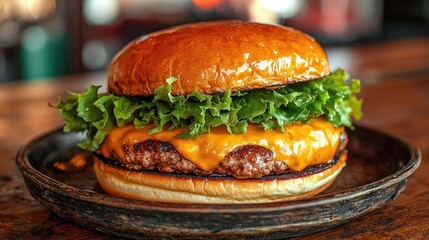 Juicy cheeseburger with lettuce on a rustic wooden table, close-up view