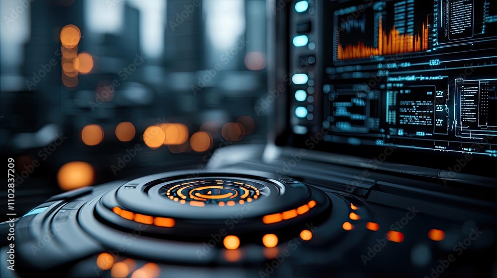 Poster Futuristic control panel with glowing elements and data displays, perfect for sci-fi themes.