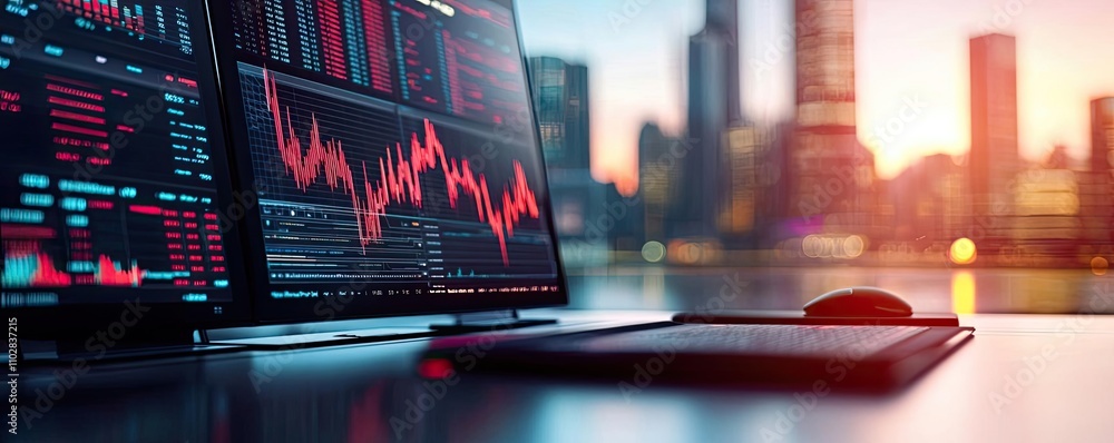 Poster Modern workspace with financial graphs displayed on monitors at sunset.