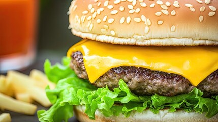 Juicy hamburger with cheese, lettuce, and fries on a dark wooden table.
