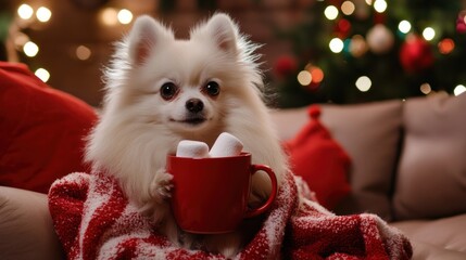 a photo of white pomeranian dog covered in blanket holding a giant coffee cup with marshmallow like human sitting on a sofa like human in Christmas decorated room.