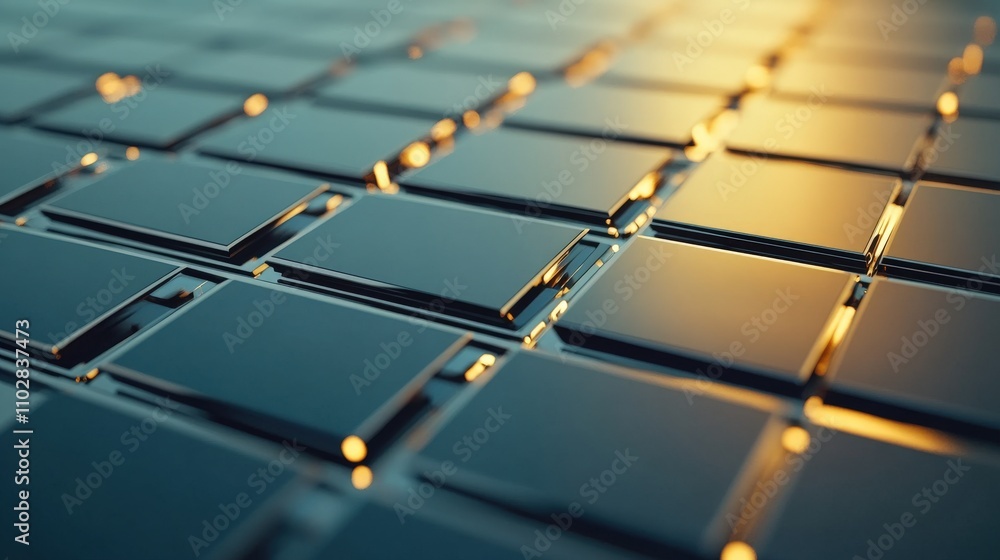 Poster Abstract close-up of reflective black tiles creating a grid-like pattern illuminated by warm light, showcasing geometric design and texture in modern aesthetics