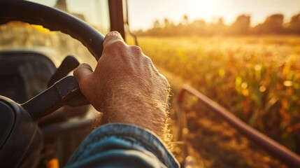 A high-resolution close-up of a farmers hand on a tractor steering wheel the textures of the hand and controls in sharp focus as blurred sunlight and vibrant crops complete the dynamic harvest setting