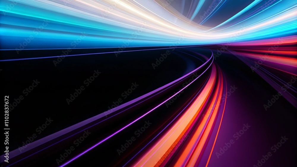 Poster abstract neon digital lines in dark space, glowing multicolored energy motion on a black background.