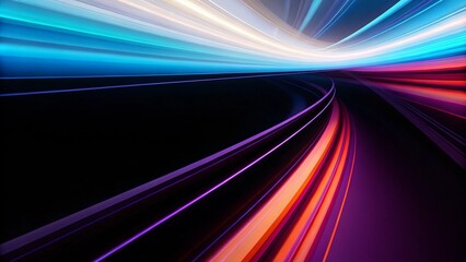 Abstract neon digital lines in dark space, glowing multicolored energy motion on a black background. Cyberspace with fast light trails. Glowing colored curve lines on a black background