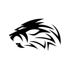 A stylized black tribal tattoo design of a roaring lion's head, featuring sharp, angular lines and abstract shapes, symbolizing strength and power.