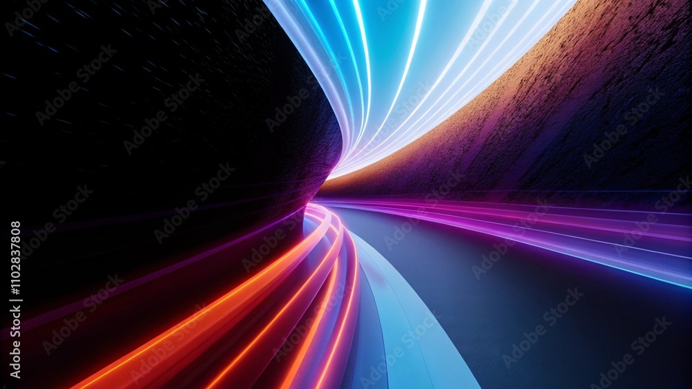 Fototapete Abstract neon digital lines in dark space, glowing multicolored energy motion on a black background. Cyberspace with fast light trails. Glowing colored curve lines on a black background