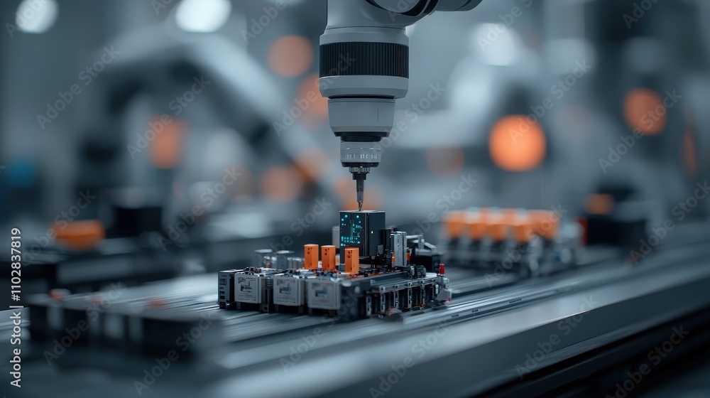 Poster ai robotic arm assembling electronics on conveyor belt in smart factory
