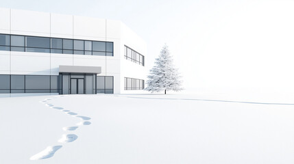 Obraz premium Winter Office Landscape: Snow covered ground with footprints leading to a modern, minimalist office building. A lone snow-covered evergreen stands beside the entrance. 