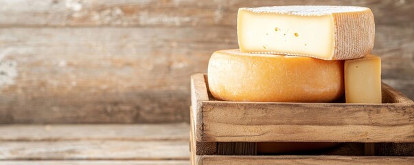 Beverage and retail food concepts, Three types of cheese stacked in a rustic wooden crate on a textured background.