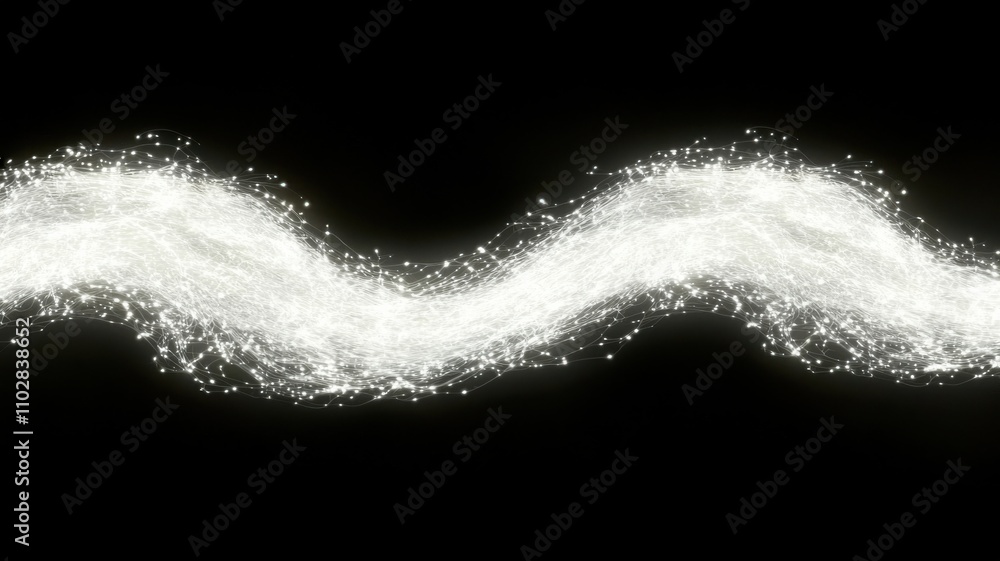 Poster a shimmering, flowing wave of white particles against a black background, creating a mesmerizing vis