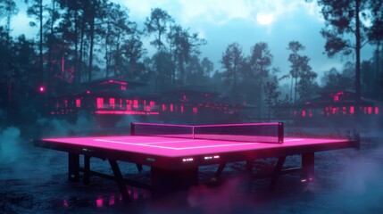 Obraz premium Futuristic Ping Pong Table in Neon Lit Forest Setting