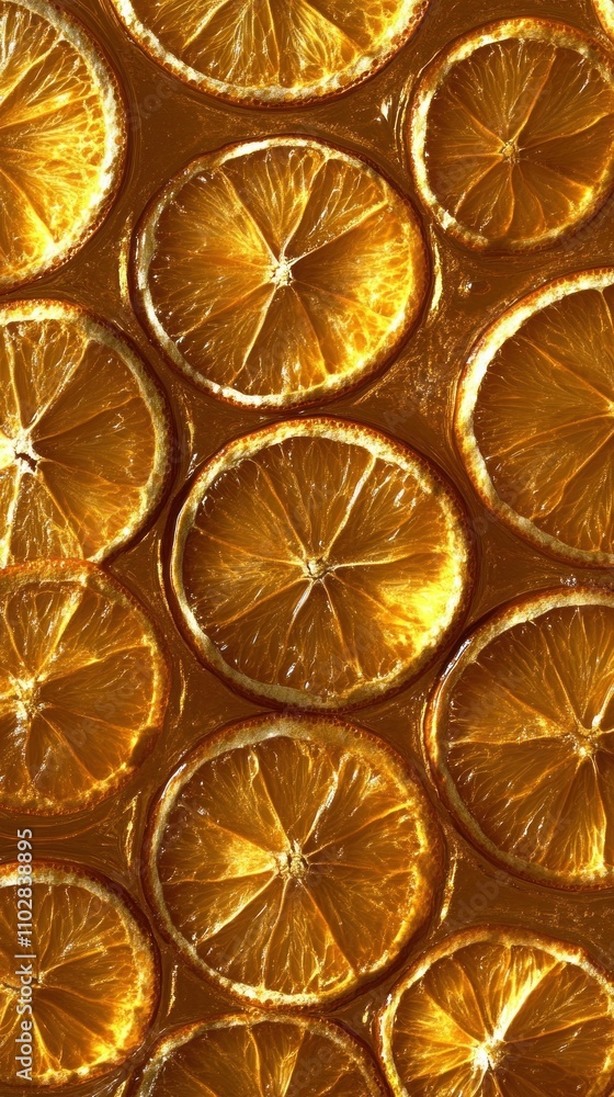 Poster a close-up of golden-orange lemon slices arranged in a visually appealing pattern.