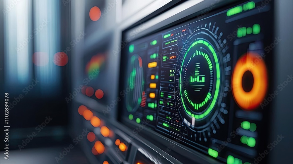 Aufkleber Close-up of a modern control panel with illuminated gauges and indicators.