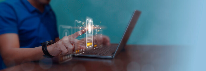 Human Resources HR management Recruitment Employment, Job search, Job interview, Men use laptop to search and select a best personnel and reviews of job applicants' qualifications.