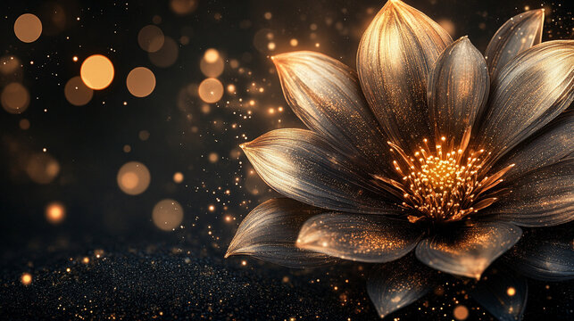 glowing golden flower with illuminated petals radiates warmth and elegance, symbolizing hope, renewal, and the beauty of transformation, set against a serene and mysterious dark backdrop
