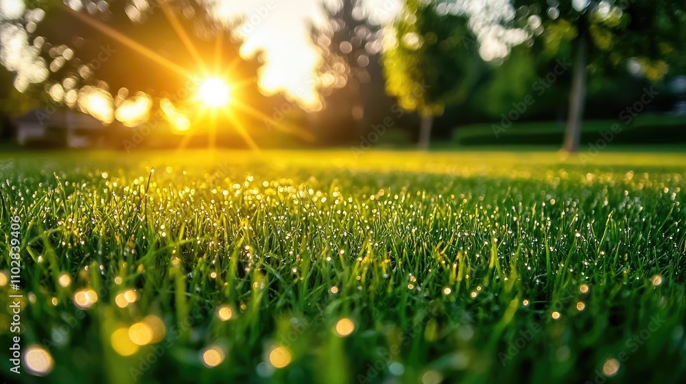 Aufkleber sunrise shining over dew-covered grass in a serene park setting.