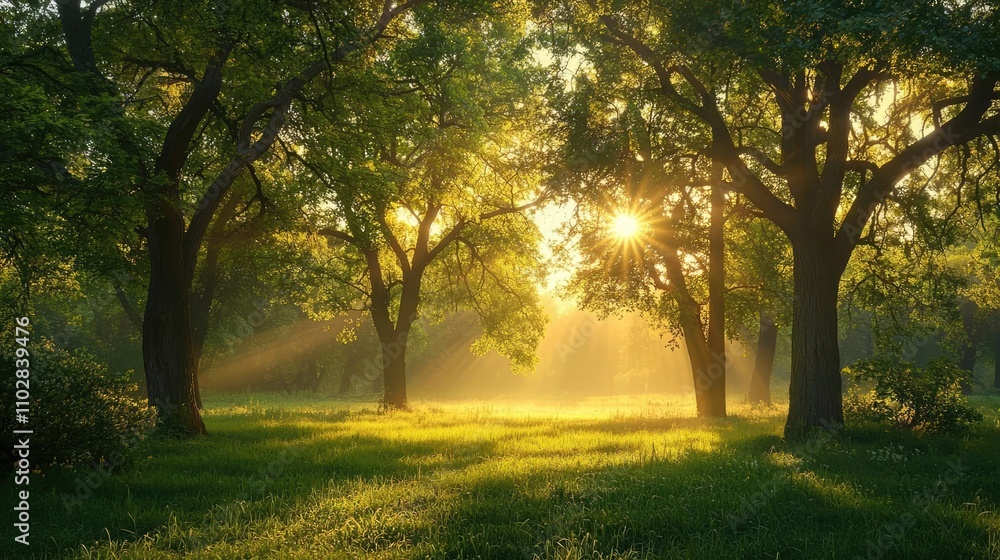 Aufkleber Sunlight filtering through trees in a lush green forest setting