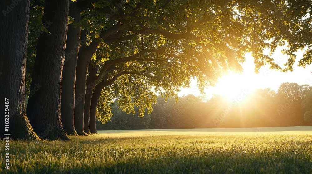 Poster Sunlight filtering through trees in a serene green landscape.