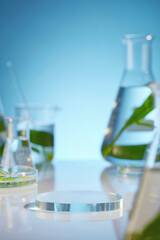 The photo in lab scene, seaweed leaves and essence in beaker and petri dish. Seaweed rich in vitamins, stimulating ha, so having the effect of treating acne detoxing the skin, anti aging