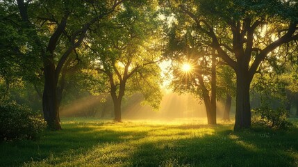 Fototapeta premium Sunlight filtering through trees in a lush green forest setting