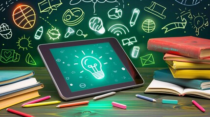 Classroom setting with a digital tablet displaying a light bulb icon surrounded by chalkboard books and various school supplies highlighting the concept of education learning and innovation