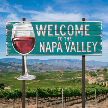 Welcome to the Napa Valley Sign illustration Graphic with rustic green billboard and wine glass concept