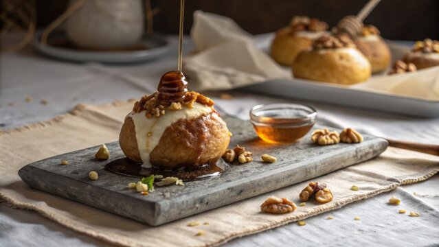Papanasi is a delicious Romanian dessert featuring deep-fried dough balls topped with creamy cheese, honey, and walnuts, perfect for indulgent moments