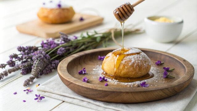 Papanasi are delicious, sweet Romanian doughnuts served with honey and adorned with lavender Their fluffy texture and floral garnish make them a delightful treat