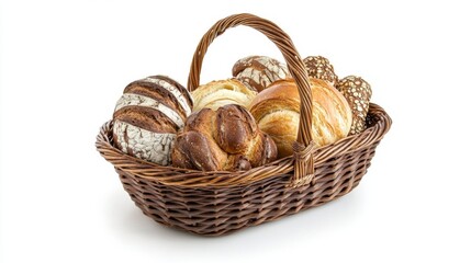 wicker basket with selection of breads and pastries isolated on white background