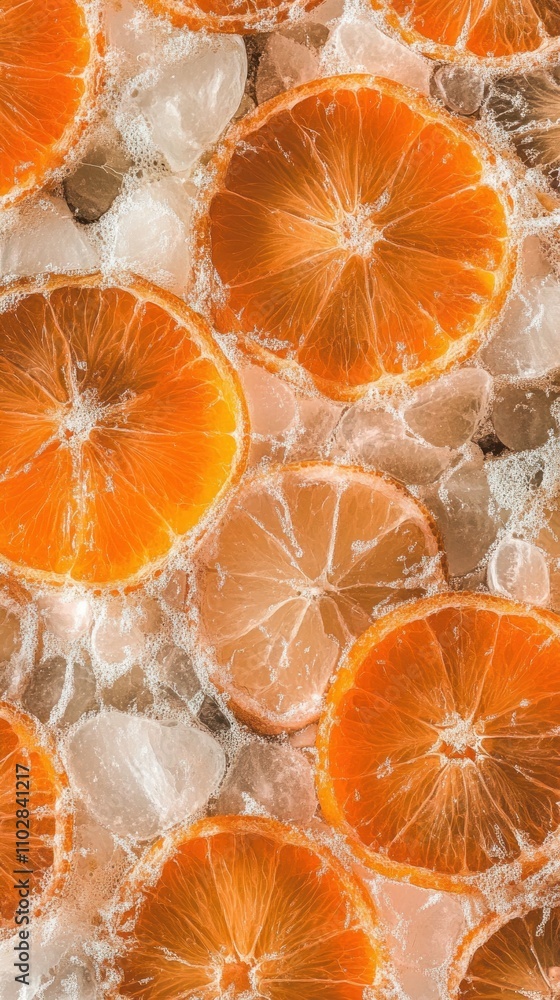 Poster sliced oranges arranged on ice, creating a refreshing and vibrant visual.
