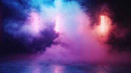 Fototapeta premium Dramatic Stage Lighting with Colorful Fog in a Dark Environment