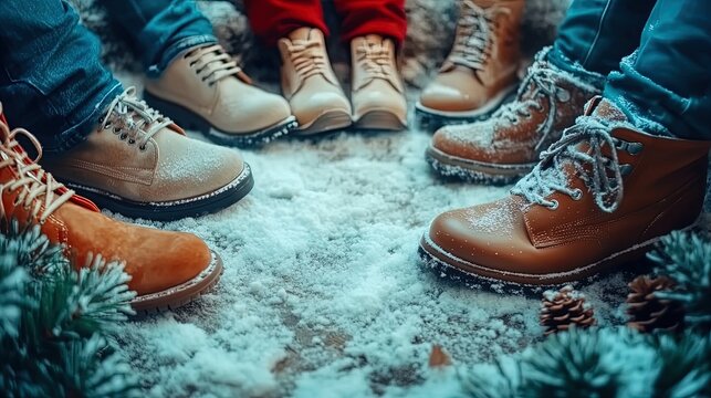 Festive Winter Flat-Lay Poster: Stylish Boots on Snowy Surface with Holiday Greenery, Pinecones, and Snowflakes – Perfect for Enhancing Your Sports Interior Decor!