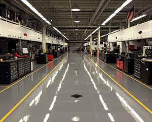 Custom warehouse layouts optimize storage efficiency. spacious industrial workshop featuring organized tool storage, bright lighting, and polished floor.
