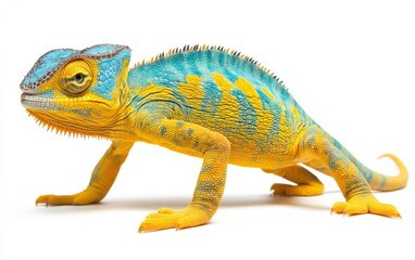 Obraz premium Yellow blue lizard Panther chameleon isolated on white background