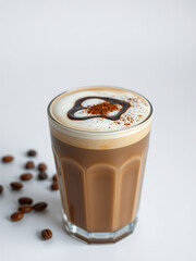 coffee bean latte with creamy texture and chocolate syrup garnish,  hot chocolate alternative,  creamy coffee drink,  dark brown color,  indulgent snack,  comforting drink